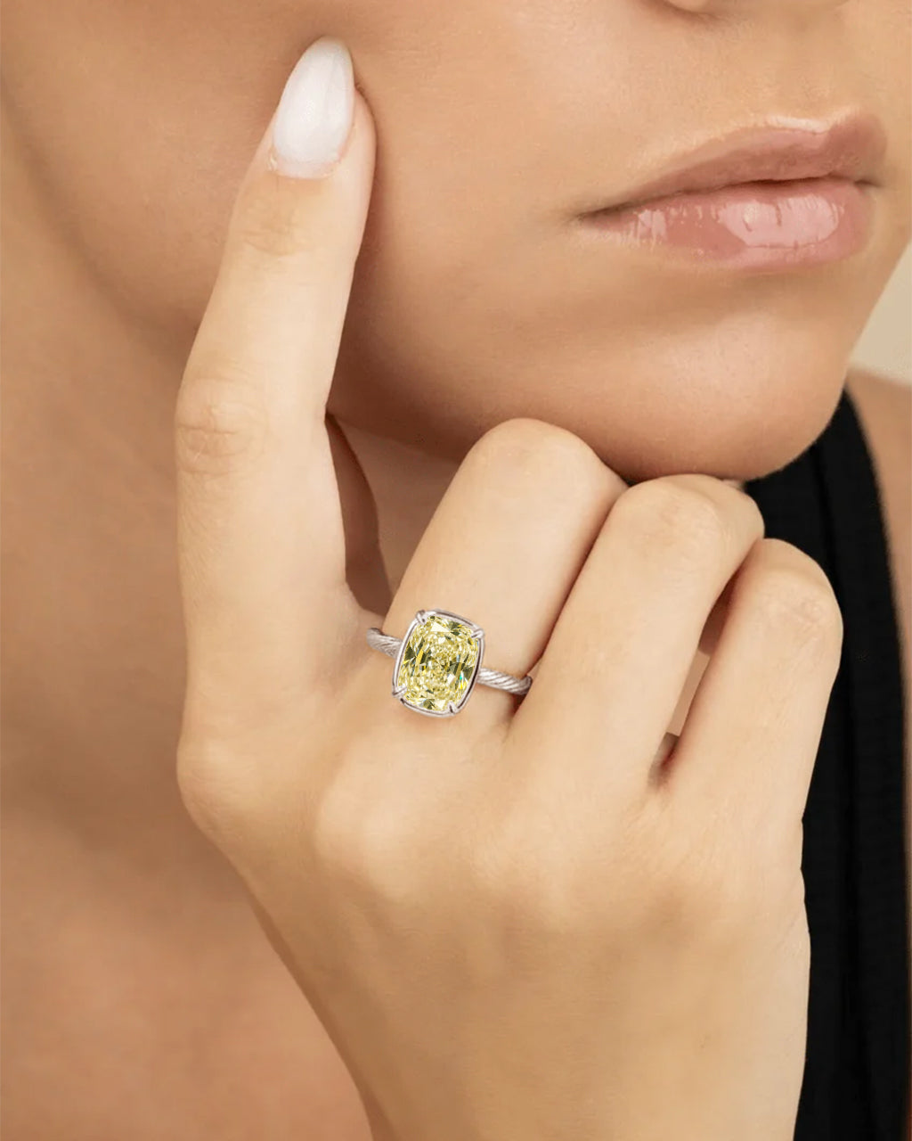 Sterling Silver Mini Light Yellow Elongated Cushion Ring