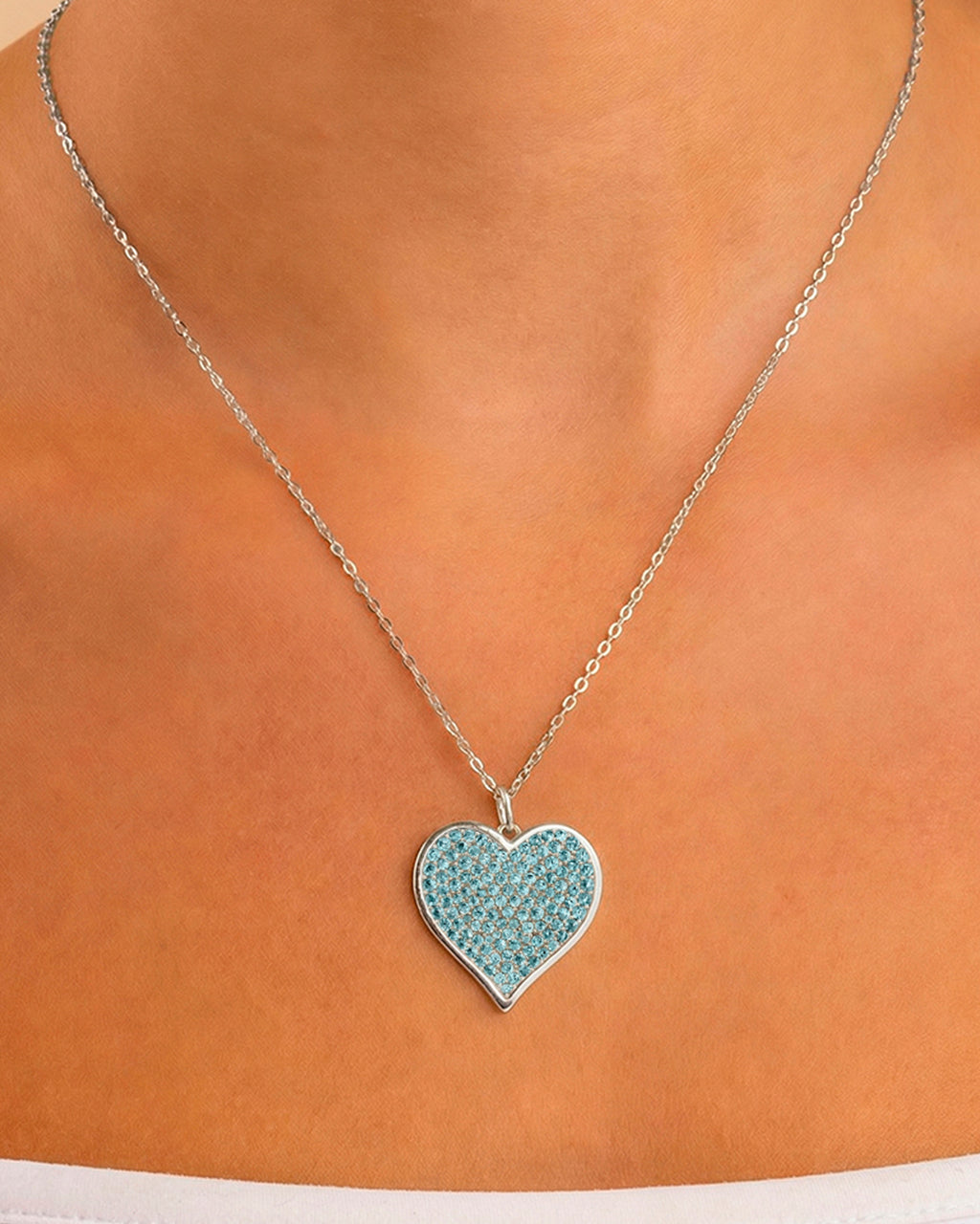 Sterling Silver Aquamarine CZ Statement Heart Pendant