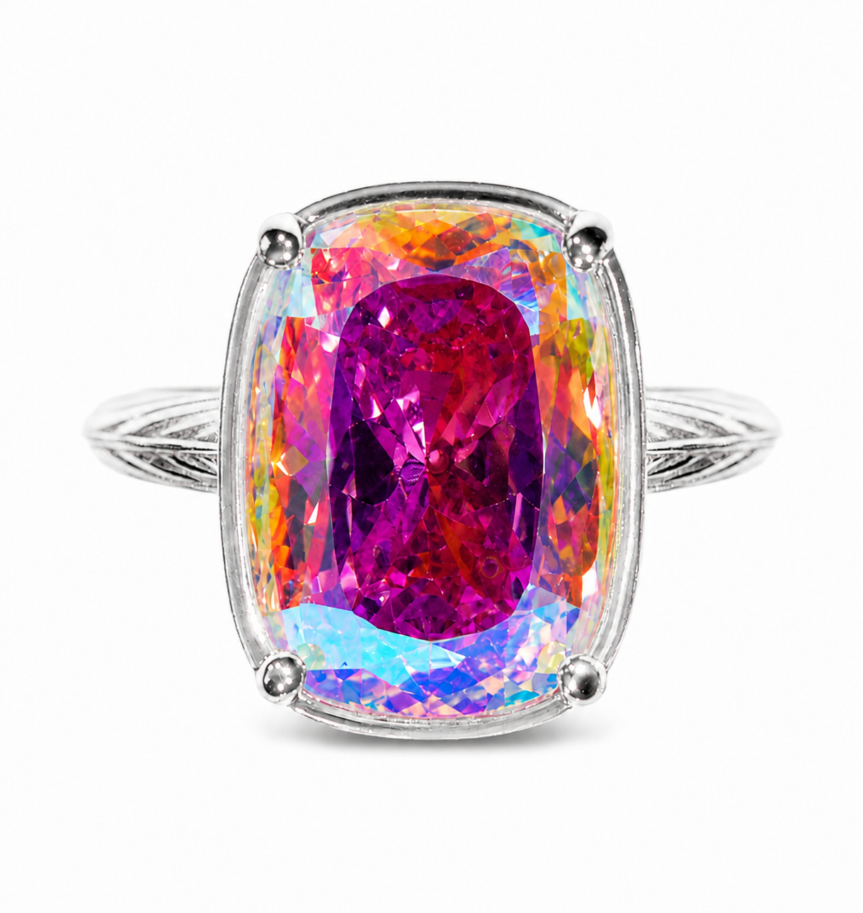 Sterling Silver Elongated Cushion Iridescent CZ Cocktail Ring