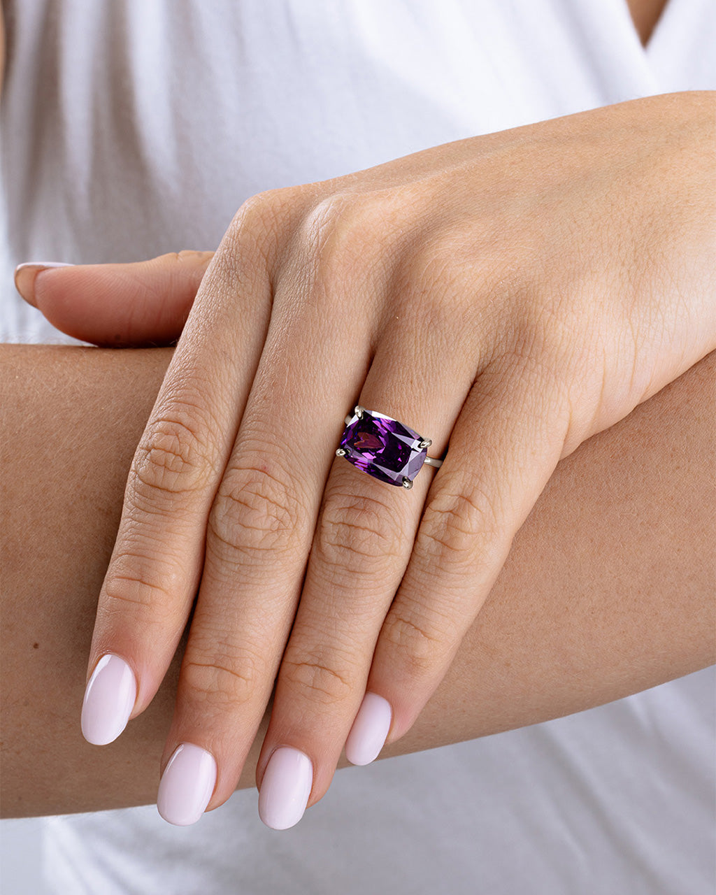 Sterling Silver Amethyst Cushion East-West Ring