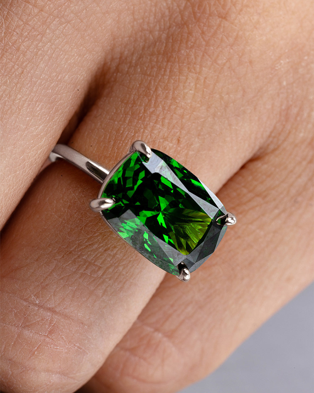 Sterling Silver Emerald Cushion East-West Ring