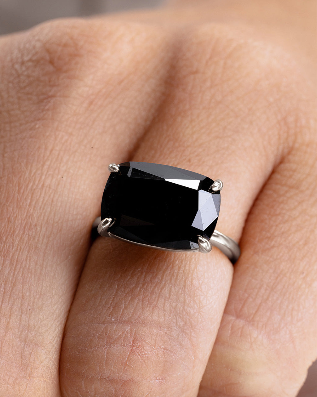 Sterling Silver Black Cushion East-West Ring