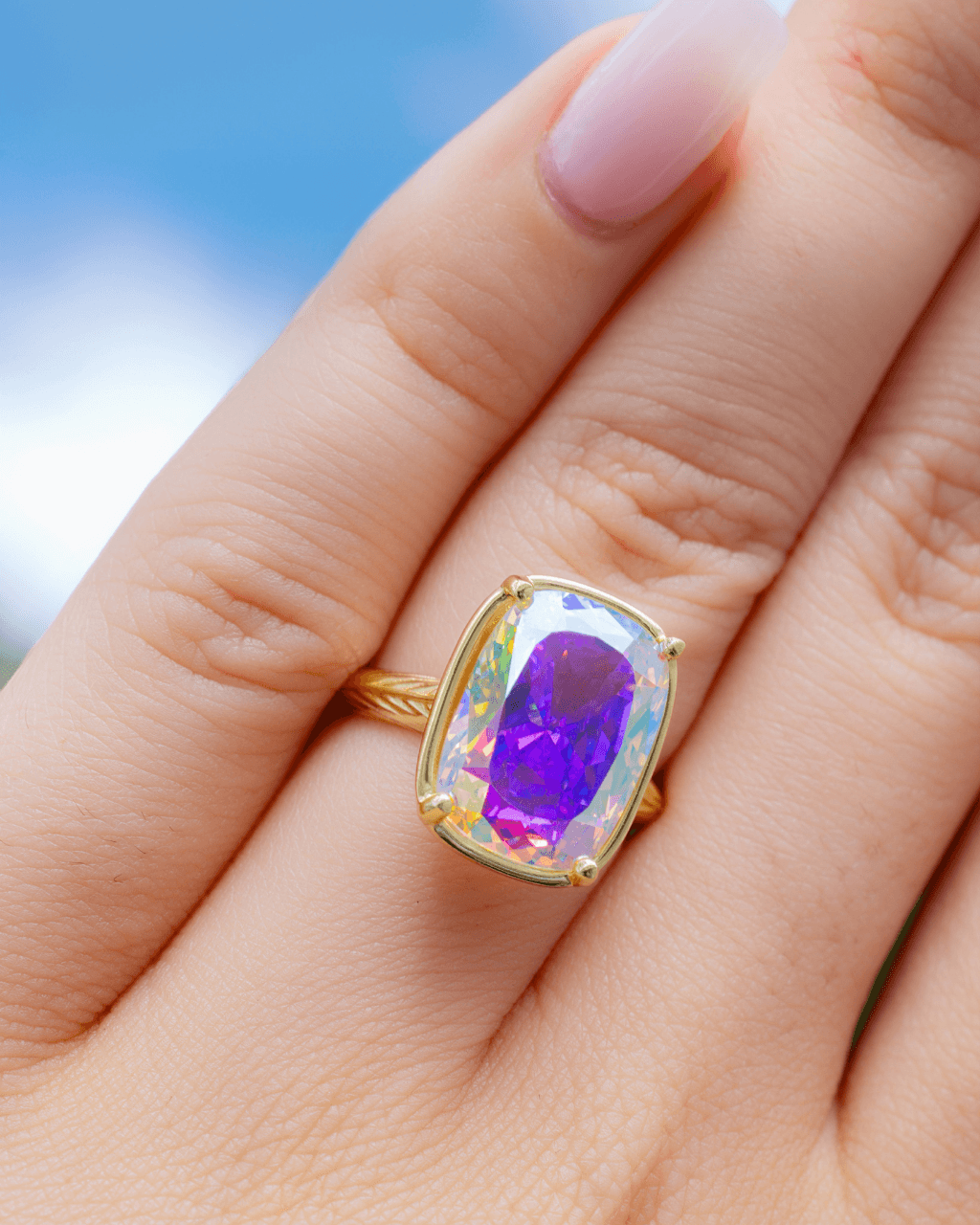 Sterling Silver Elongated Cushion Iridescent CZ Cocktail Ring